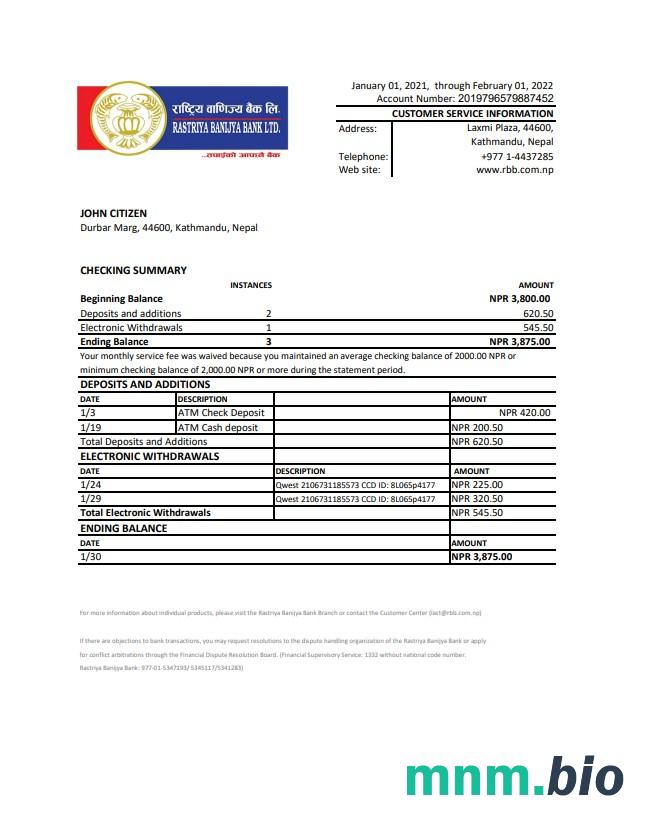 Nepal Nabil wyciąg bankowy Excel i szablon PDF